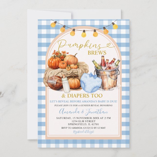 Fall Pumpkins Brews Diapers Gingham Gender Reveal Invitation (Front)