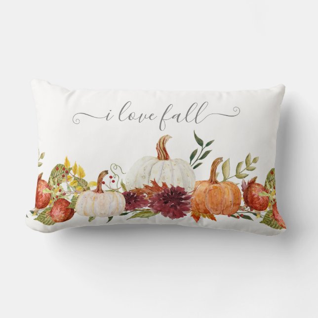 Fall Pumpkins Burgundy Floral Country Chic Script Lumbar Cushion (Front)