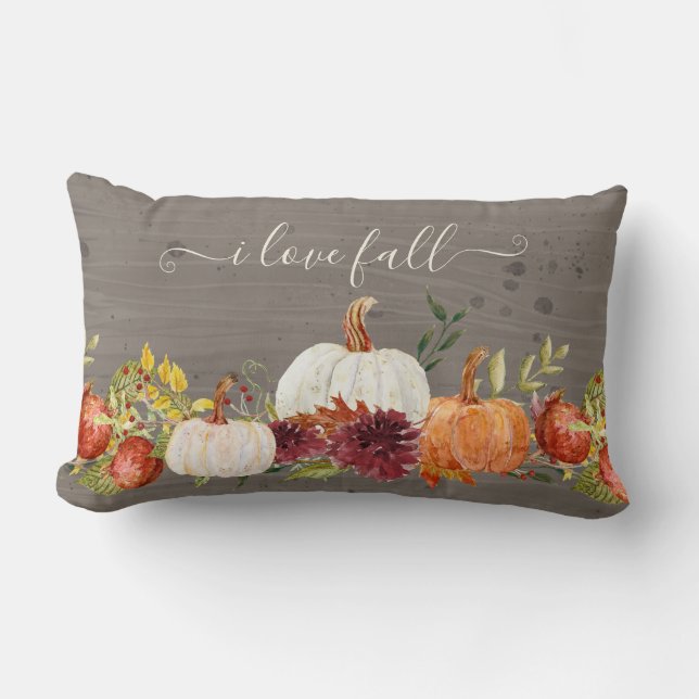 Fall Pumpkins Burgundy Floral Country Grey Wood Lumbar Cushion (Front)