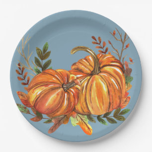 Fall Pumpkins Dusty Blue Paper Plate