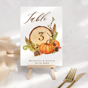 Fall Pumpkins Ferns & Wood Slice Script Wedding  Table Number