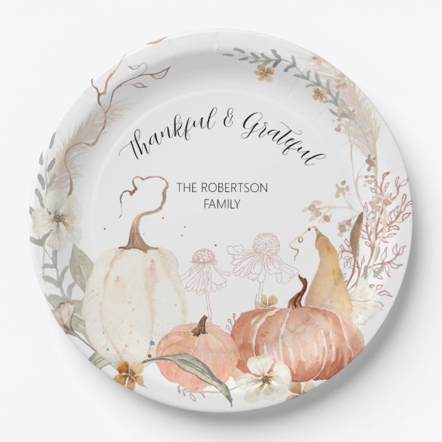 Fall Pumpkins Floral Watercolor Thankful Grateful Paper Plate (Front)
