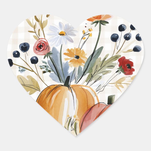 Fall Pumpkins Florals Watercolor Heart Sticker (Front)