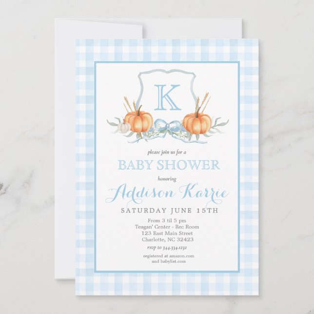 Fall Pumpkins Gingham Crest Baby Shower Invitation (Front)