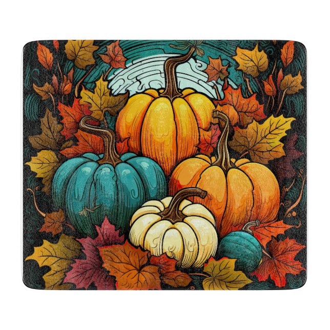 Fall pumpkins glass cutting board (Front)