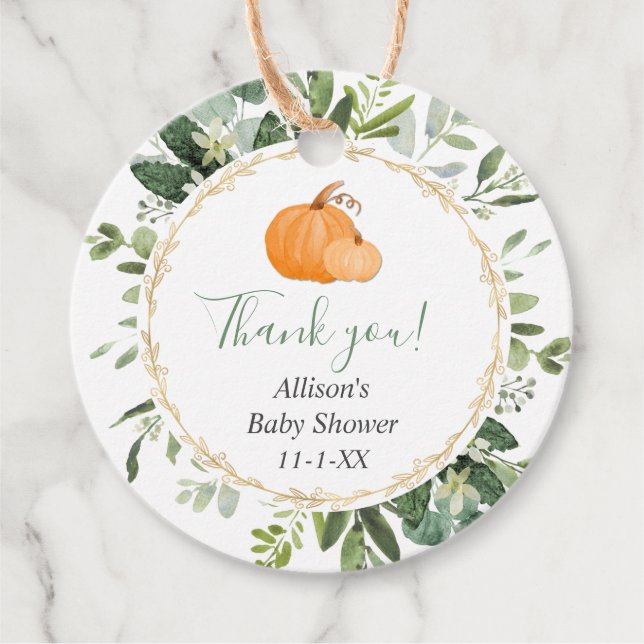 Fall pumpkins greenery gold baby shower favour tag (Front)
