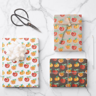 Fall Pumpkins Hand Painted Orange Green Wrapping Paper Sheet