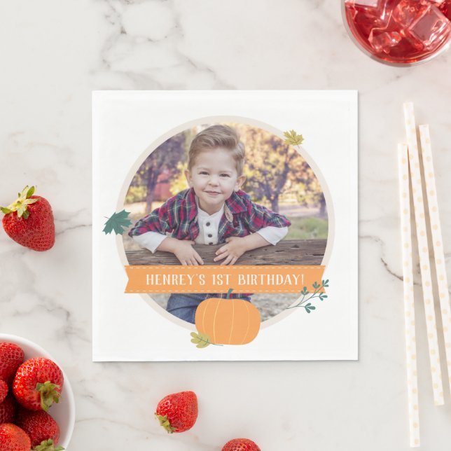 Fall Pumpkins & Leaves Photo Birthday Party Napkin (Insitu)