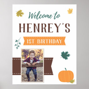 Fall Pumpkins & Leaves Photo Birthday Welcome Sign