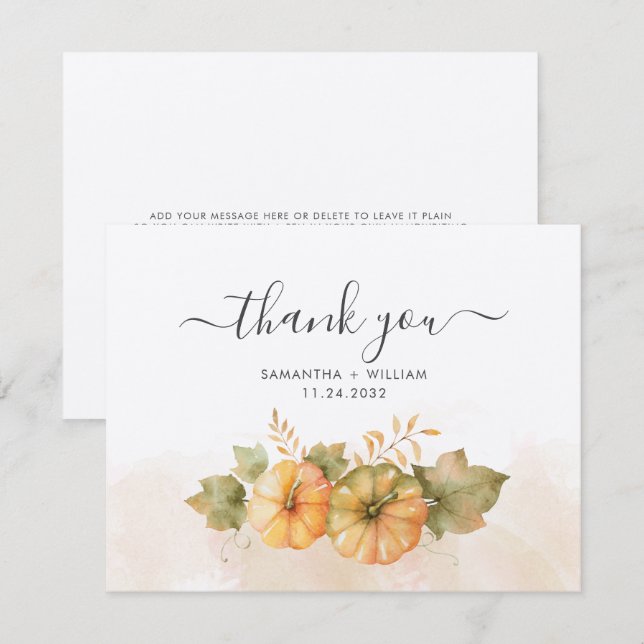 Fall Pumpkins Leaves Wedding Thank You Card (Front/Back)