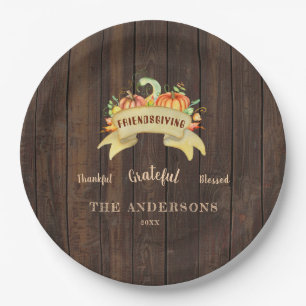 Fall Pumpkins Leaves Wood Happy Thanksgiving Paper Plate