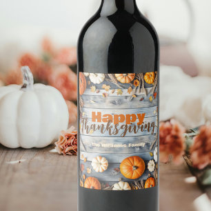 Fall Pumpkins Leaves Wood Rustic Thanksgiving Wine Label