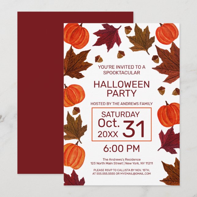 Fall Pumpkins Maple Leaves Watercolor Halloween Invitation (Front/Back)