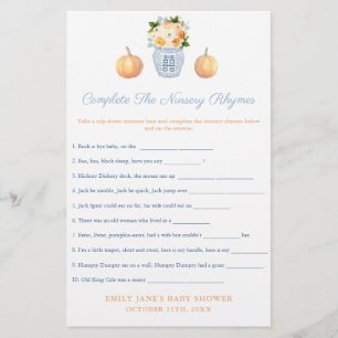 Fall Pumpkins Nursery Rhymes Baby Shower Game Card