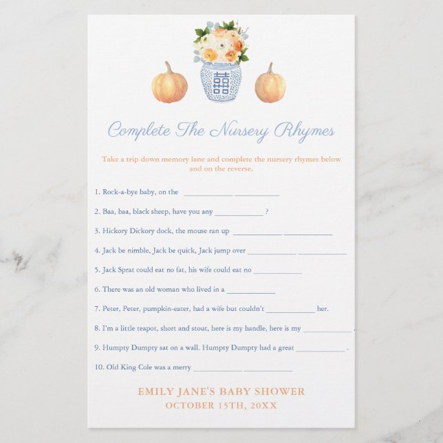 Fall Pumpkins Nursery Rhymes Baby Shower Game Card (Front)