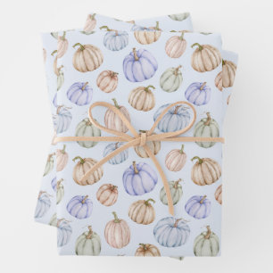 Fall Pumpkins on Blue Wrapping Paper Sheet