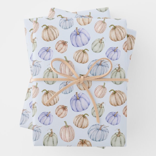 Fall Pumpkins on Blue Wrapping Paper Sheet (In situ)