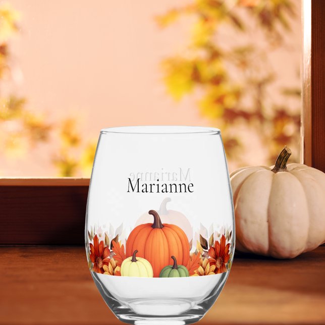 Fall pumpkins orange florals custom name stemless wine glass (Creator Uploaded)