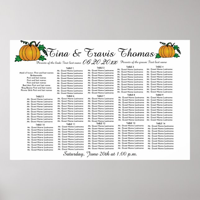 Fall Pumpkins Party Wedding Guests Seating Charts (Front)