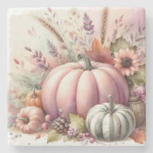 Fall pumpkins pastel colours watercolor painting stone coaster
