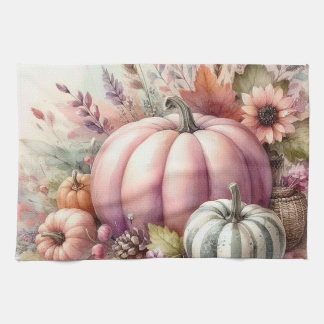 Fall pumpkins pastel colours watercolor painting  tea towel (Horizontal)