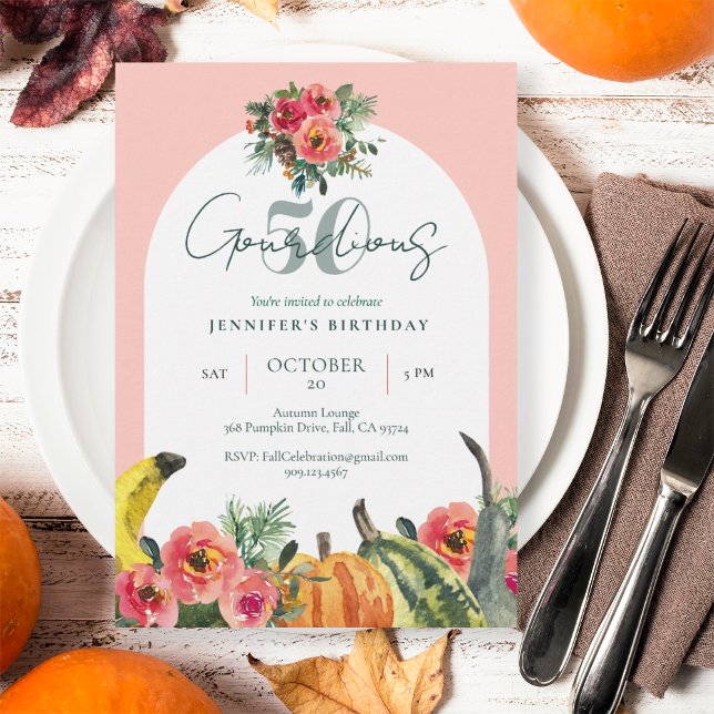 Fall Pumpkins Pink Gourdious 50th Birthday Party  Invitation (Creator Uploaded)