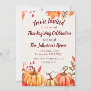 Fall Pumpkins Rustic Watercolor Thanksgiving  Invitation