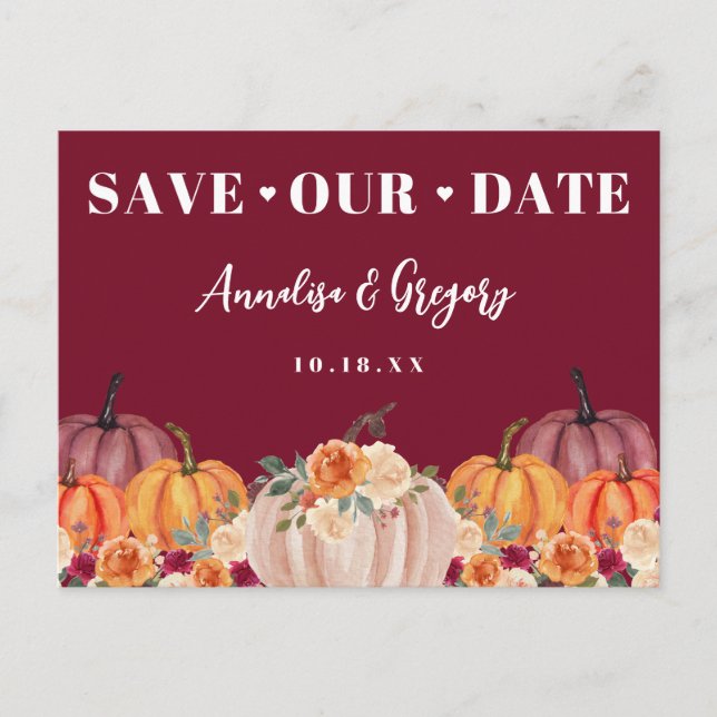 Fall Pumpkins Save Our Date Announcement Postcard (Front)