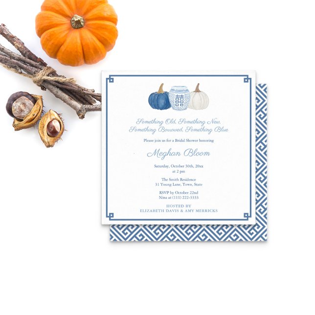 Fall Pumpkins Something Blue Chic Bridal Shower Invitation (Something Blue Bridal Shower Invitation featuring blue and white pumpkins and ginger jar. )
