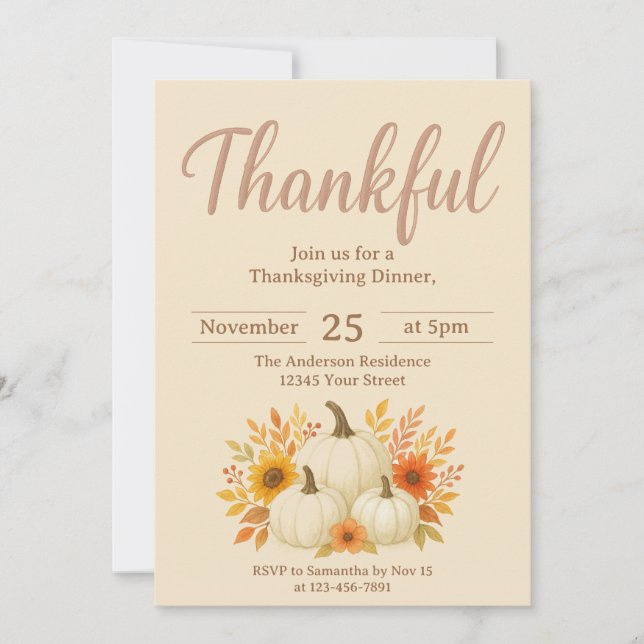 Fall Pumpkins & Sunflowers | Elegant Thanksgiving Invitation (Front)