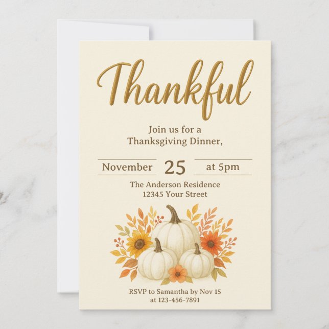 Fall Pumpkins & Sunflowers | Elegant Thanksgiving Invitation (Front)