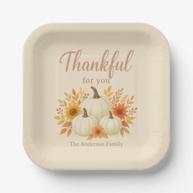 Fall Pumpkins & Sunflowers | Elegant Thanksgiving Paper Plate (Front)