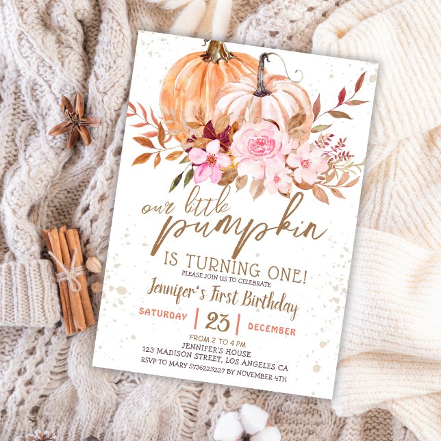 Fall Pumpkins Watercolor Boho Girl 1st Birthday Invitation (Creator Uploaded)