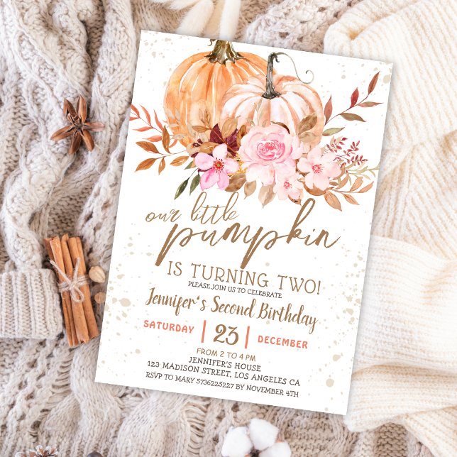 Fall Pumpkins Watercolor Boho Girl 2nd Birthday Invitation (Creator Uploaded)