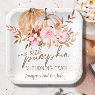 Fall Pumpkins Watercolor Boho Girl 2nd Birthday Paper Plate