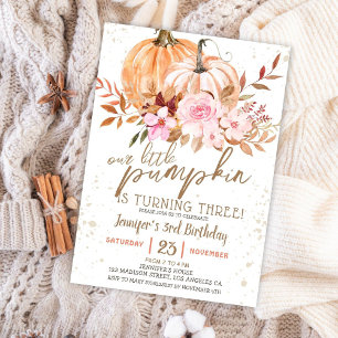 Fall Pumpkins Watercolor Boho Girl 3rd Birthday Invitation