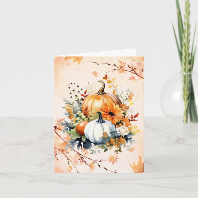 Fall Pumpkins Watercolor Floral Blank Card (Front)