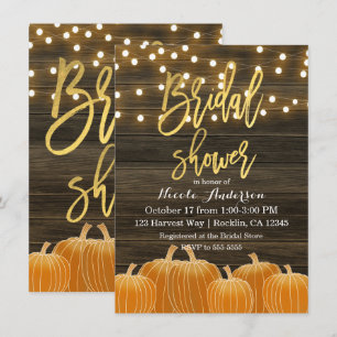 Fall Pumpkins Wood Lights Gold Foil Bridal Shower Invitation