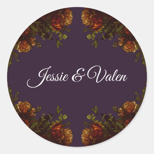 Fall Purple Rustic Orange Wedding Elegant Gothic Classic Round Sticker (Front)