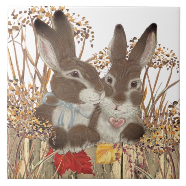 Fall Rabbit Bunny Autumn Leaves Cute Seasonal Art Tile (Front)