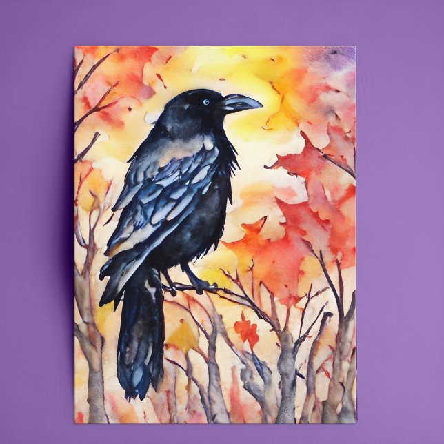 Fall Raven Watercolor Autumn Leaves Black Bird Postcard (Autumn raven watercolor painting art card)