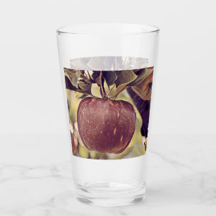 Fall red apple fruit and leaves watercolor glass