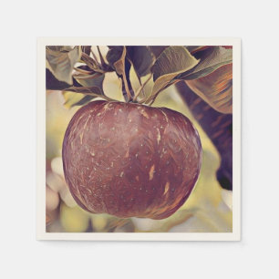 Fall red apple fruit and leaves watercolor  napkin