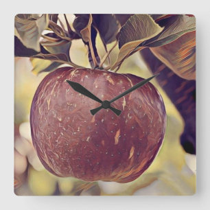 Fall red apple fruit and leaves watercolor square wall clock