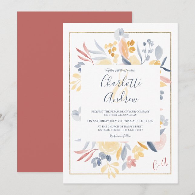 Fall red blue chic floral watercolor wedding invitation (Front/Back)