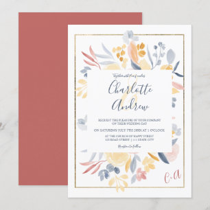 Fall red blue chic floral watercolor wedding invitation