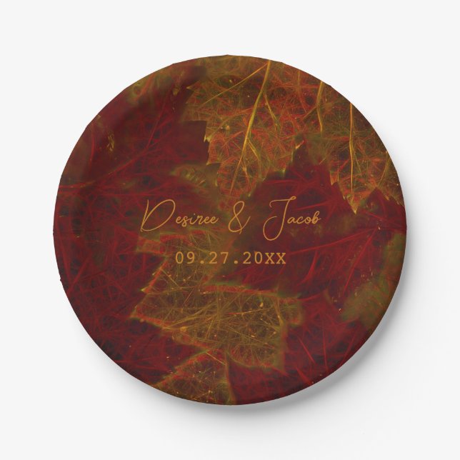 Fall Red Gold Rustic Elegant Maple Leaves Paper Plate (Front)