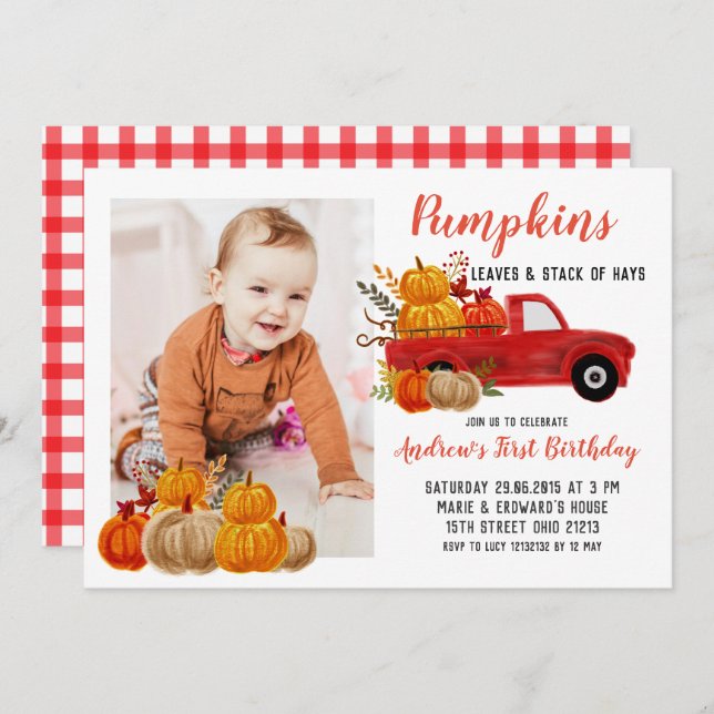 Fall Red Truck Pumpkin Birthday with photo Invitation (Front/Back)