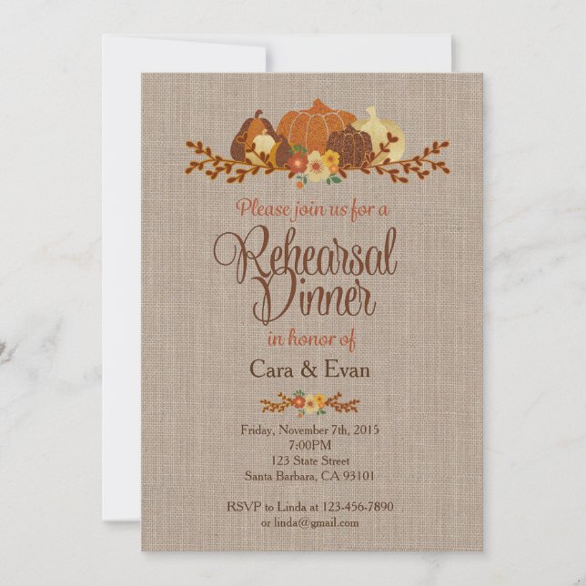 Fall Rehearsal Dinner Invitation- Rustic Pumpkin Invitation (Front)