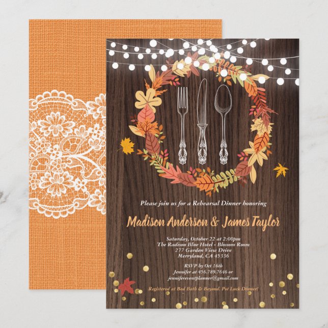Fall rehearsal dinner rustic wreath thanksgiving invitation (Front/Back)